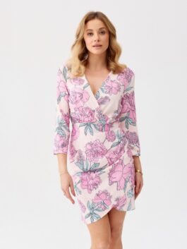 Robe cache-coeur à manches 3/4 et fleurs multicouleurs – Roco Fashion