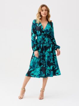 Robe midi à manches longues et fleurs multicouleurs tons bleus – Roco Fashion