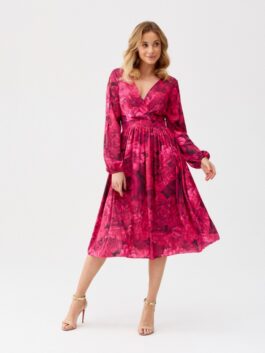 Robe midi à manches longues et fleurs multicouleurs tons roses – Roco Fashion