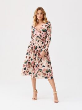 Robe midi à manches longues et fleurs multicouleurs tons beiges – Roco Fashion