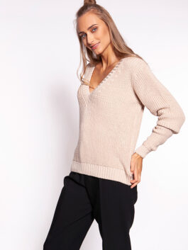 Pull minimaliste en maille côtelée col en V, beige – MKM