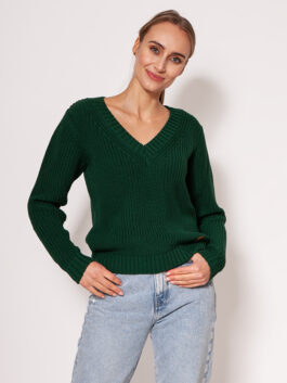 Pull minimaliste en maille côtelée encolure en V, vert MKM