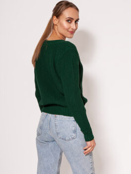 Pull minimaliste en maille côtelée encolure en V, vert MKM