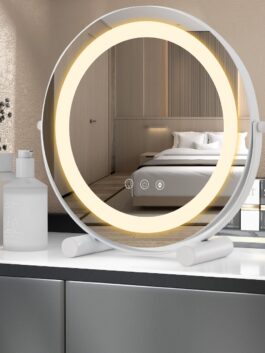 Miroir maquillage rond HD lumière LED écran tactile rotation à 360° blanc