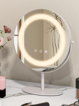 Miroir maquillage rond lumière LED écran tactile support en métal blanc